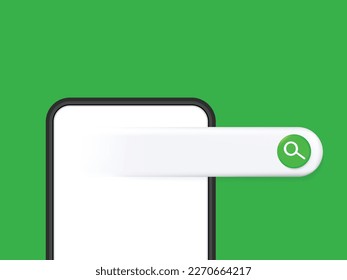 Realistic 3d phone with search bar element in cartoon minimal style on light green background. Vector illustration.