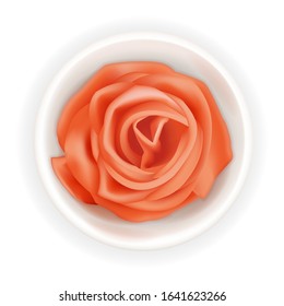 Realistic 3d pickled ginger rose in a round bowl. Pink sushi condiment isolated on white background. Asian spice, top view. Sliced ginger root. Vector design illustration