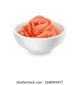 Realistic 3d pickled ginger rose in a round bowl. Pink sushi condiment isolated on white background. Asian spice, side view. Sliced ginger root. Vector design illustration