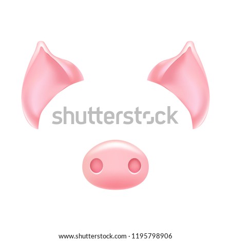 Realistic 3d pig nose and ears for New Year 2019 selfie mask, chat effect. Photo props overlay, smartphone photobooth mask app design isolated on white background. Vector illustration.