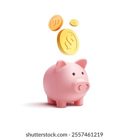 Realistic 3D piggy bank with falling gold coins, dollars. For concepts of savings, finance, dividends, accumulation. Vector illustration.