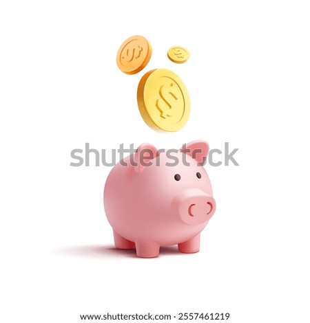 Realistic 3D piggy bank with falling gold coins, dollars. For concepts of savings, finance, dividends, accumulation. Vector illustration.