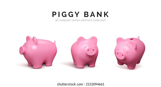 Realistic 3D piggy bank set. Pink pig isolated on white background. Piggy bank concept of money deposit and investment. Vector illustration