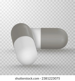 Realistic 3d pill in cartoon style. Medicine and drugs capsule, medical supplements. Vector illustration.