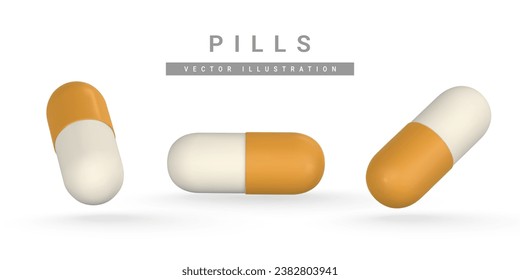 Realistic 3d pill in cartoon style. Medicine and drugs capsule, medical supplements. Vector illustration.