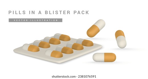Realistic 3d pills in a blister pack in cartoon style. Medicine and drugs tablet, medical supplements. Vector illustration.