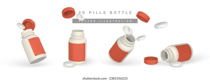 Pastillas realistas 3d y cajas de medicinas al estilo de las caricaturas. Cápsula de medicamentos y medicamentos, suplementos médicos. Ilustración vectorial.