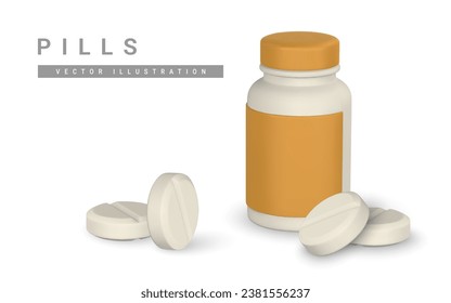 Realistic 3d pills and medicine boxes in cartoon style. Medicine and drugs capsule, medical supplements. Vector illustration.