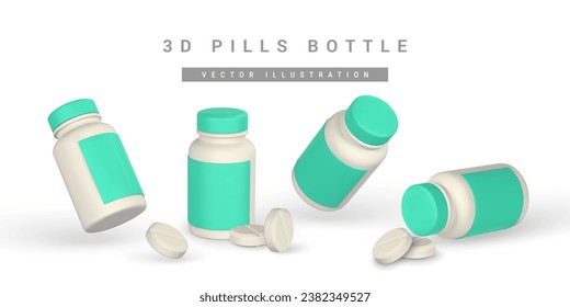 Realistic 3d pills and medicine boxes in cartoon style. Medicine and drugs capsule, medical supplements. Vector illustration.