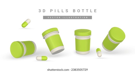 Realistic 3d pills and medicine boxes in cartoon style. Medicine and drugs capsule, medical supplements. Vector illustration.