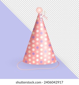 Realistic 3d pink Birthday party hat with colorful stars pattern, fluffy pompon and golden ribbons isolated on transparent background. Cute party cone, paper cap  for festival, carnival, celebration