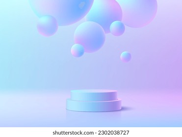 Realistic 3D pink and blue cylinder pedestal podium background with floating bubbles or balls. Wall minimal scene mockup products stage showcase, Cosmetic promotion display. Abstract empty platforms.