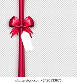 Realistic 3d pink bow with vertical silk ribbons and white label tag for text on transparent background. Three dimensional satin bow with tapes as gift, present wrapping element or frame for card