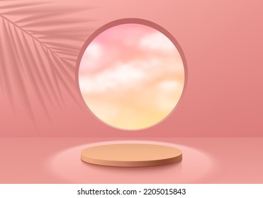 Realistic 3D pink cylinder pedestal podium with sunset sky in circle window, Leaf shadow overlay background. Vector abstract with geometric forms. Minimal wall scene product display. Stage showcase.