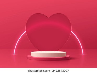 Realistic 3D pink cylinder podium background with curve neon lighting line on heart backdrop. Vector abstract geometric forms. Minimal scene mockup product stage showcase, Valentine promotion display