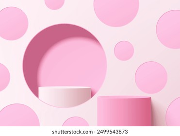 Realistischer 3D-rosa zylindrischer Podiumhintergrund mit rosafarbenen Polka-Punkten auf weißer Wandszene. Minimalistisches 3D-Mockup-Podest, Präsentation der abstrakten Produktpräsentation, Bühnenpräsentation. Plattformen, Vektordesign.