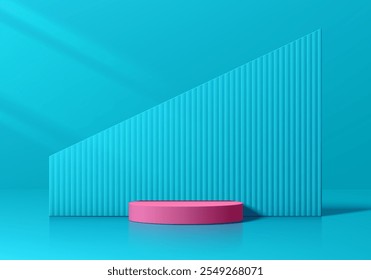 Realistic 3D pink cylindrical podium background with blue vertical pattern backdrop scene. Minimalist mockup pedestal or Abstract product display presentation, Stage showcase. Platforms vector design.