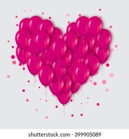 Realistic 3d Pink Heart Bunch of  Balloons Flying for Party and Celebrations with confetti. Trendy Design element of Happy Birthday or Valentine's day. Vector Illustration.