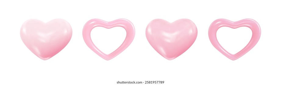 Realistic 3d pink hearts, love symbol. Valentines day, wedding decor. Vector Illustration.