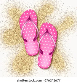 Realistic 3D pink in pea beach slippers on a white background with sand. Vector illustration