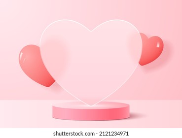 Realistic 3D pink pedestal with a big transparent heart. Background with floating air hearts.