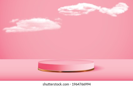 Realistic 3d pink pedestal over pink cloud background. Trendy empty podium display for cosmetic product presentation, fashion magazine. Copy space vector illustration EPS10