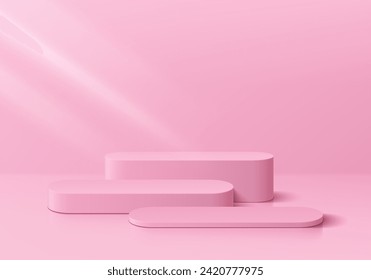 Realistic 3D pink round stand podium background set in valentine sweet pink pastel scene. Abstract minimal mockup or product display presentation, Stage showcase. 3D Platforms vector geometric design.
