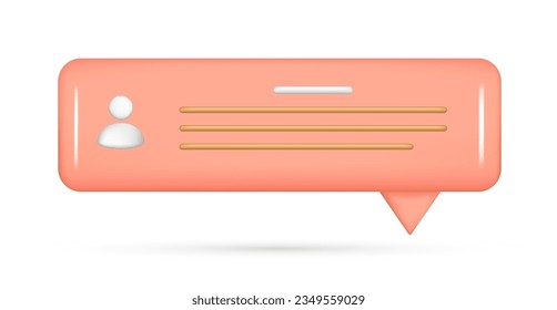 Realistic 3d pink speech bubble, message button, chat box with talk speech notification. Glossy 3d element, dialogue icon, speak bubble symbol. Vector illustration isolated on white background