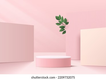 Realistic 3D pink, white cylinder pedestal podium with square shape scene background and green leaf. Vector abstract room, Geometric form. Minimal scene for products showcase, Stage promotion display.