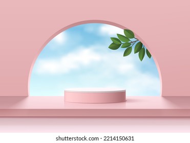 Realistisches 3D-Rosa, weißes Flaschenfoto mit grünem Blatt und blauem Himmel auf rundem Hintergrund. Vektorgrafik abstrakt mit geometrischen Formen. Minimale Wandbilder-Anzeige. Stufenvorführung.