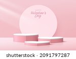 Realistic 3D pink and white pedestal podium group in heart shape with circle backdrop. Minimal scene for valentine product display presentation. Vector rendering geometric platform. Stage for showcase
