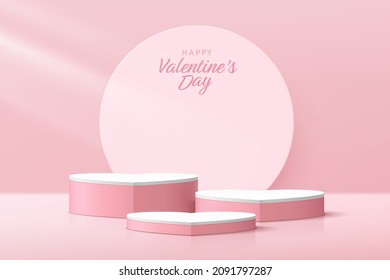 Realistic 3D pink and white pedestal podium group in heart shape with circle backdrop. Minimal scene for valentine product display presentation. Vector rendering geometric platform. Stage for showcase