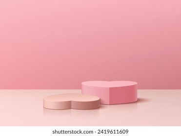 Un pedestal de podio blanco, rosado y realista 3D, con forma de corazón y fondo rosado. Exhibición de productos de simulación de escenas de paredes minimalistas de San Valentín pastel, pantalla de promoción. Formas geométricas 3D abstractas vectoriales.