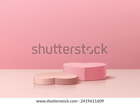 Realistic 3D pink, white podium pedestal set in heart shape with pink background. Valentine pastel minimal wall scene mockup products showcase, Promotion display. Vector abstract  3D geometric forms.