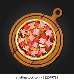 Realistic 3D Pizza In Pizza Desk On Black Background.