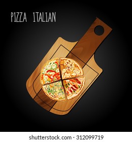 Realistic 3D Pizza In Pizza Desk On Black Background.