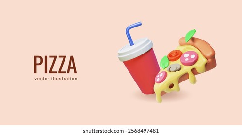 Realistic 3d pizza icon with soda cap. Fast food banner. Cola and pizza slice poster render