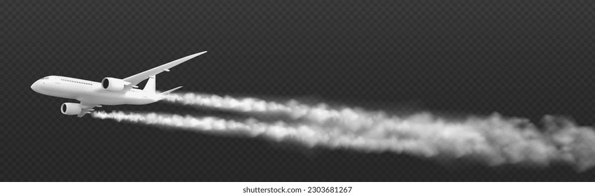 Realistic 3D plane flying with condensation trail isolated on transparent background. Vector illustration of white aircraft mockup for passenger, freight transportation, international mail delivery