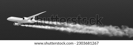 Realistic 3D plane flying with condensation trail isolated on transparent background. Vector illustration of white aircraft mockup for passenger, freight transportation, international mail delivery