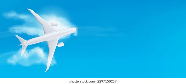 Realistic 3D plane flying on blue sky background. Vector illustration of white aircraft mockup for passenger, freight transportation, international mail delivery. Holiday travel banner template