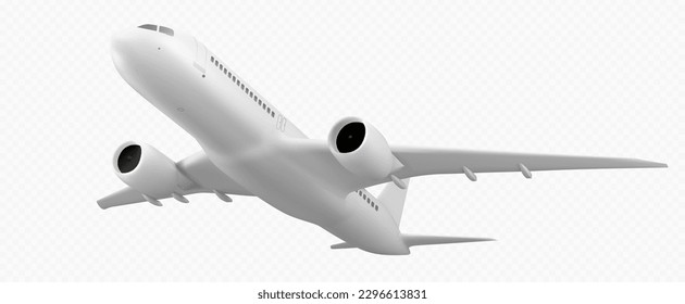 Realistic 3D plane isolated on transparent background. Vector illustration of white aircraft mockup for passenger, freight transportation, international mail delivery. Transport for travel on vacation