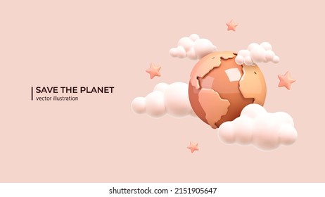 Realistic 3d planet with clouds and stars around it. International Mother Earth Day. Environmental problems and environmental protection concept in cartoon minimal style. Vector illustration