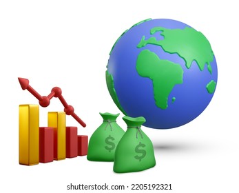 Realistic 3d planet Earth with money bags and diagram on white background. Vector illustration