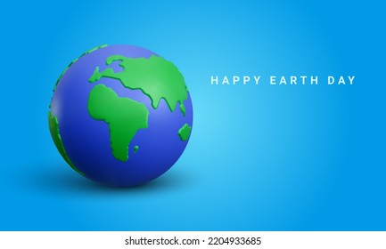 Realistic 3d planet Earth on sky blue background. Happy Earth day or environment day conceptin cartoon style. Vector illustration