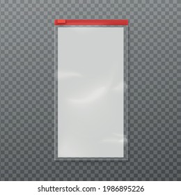 Realistic 3d plastic bag with red zipper. Empty vertical polythene transparent bag. Vector isolated illustration
