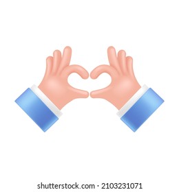Mano volumétrica de plástico 3d realista, doblada en el corazón. Ilustración vectorial, mano en caricatura 3d estilo plástico, aislado en fondo blanco.