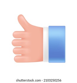 Mano volumétrica plástica 3d realista, pulgar hacia arriba. Ilustración vectorial, mano en caricatura 3d estilo plástico, aislado en fondo blanco.