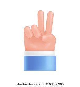 Realistische 3D-Plastik-volumetrische Hand, Friedenszeichen Hand. Vektorgrafik, Hand in Cartoon, 3D-Plastik, einzeln auf weißem Hintergrund.