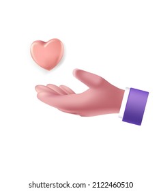 Realistic 3d plastic volumetric hand, with a pink heart. Happy Valentine's Day symbol. Vector illustration, hand in cartoon 3d plastic style, isolated on a white background.