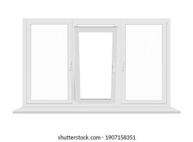 Realistic 3D plastic window with white frame, transparent glass, windowsill, adjustment handles and open sash. Vector isolated illustration.